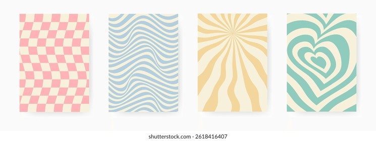 Set of four retro wavy patterns with optical illusion effect in pastel colors