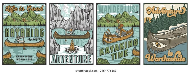 Conjunto de quatro cartazes retrô estilo caiaque com frases motivacionais e natureza. Coleção de impressões de camisetas para viagens, caminhadas pela natureza e acampamento.
