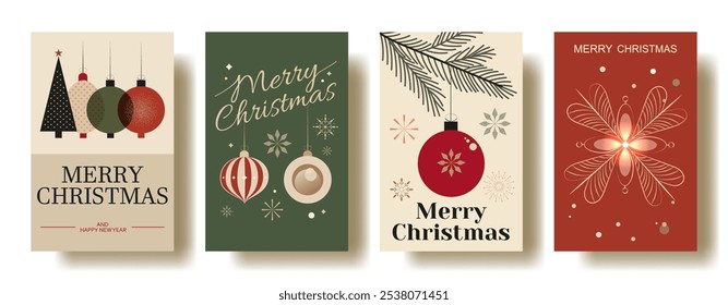 Set of four retro-style minimalist Christmas greeting cards with soft colors in red, green, beige, and gold. Elegant holiday design with stylized text, Christmas baubles, pine branches, snowflakes, an