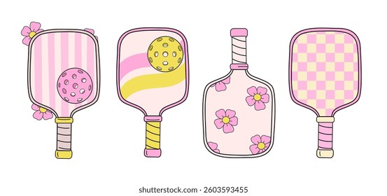 Set of four retro-style pickleball paddles with unique pastel designs, in pink and yellow tones on a white background