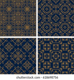 Set of four rich decorated calligraphic outlined stroke seamless patterns in dark and gold gamma. 