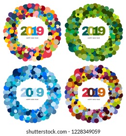Set of four ring of multi-colored circles and the inscription Happy New Year 2019 inside. New Year and Xmas Design Element Template. Vector Illustration.
