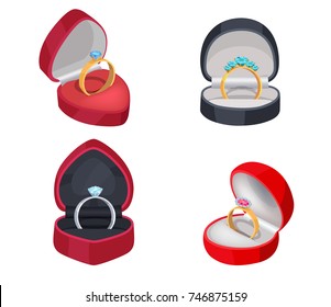 Set of four rings with blue and red precious stones in ruddy and black gift boxes, vector illustration on white background of wedding accessories