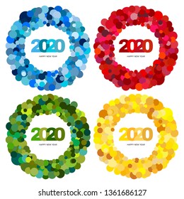 Set of four rings of multi colored circles and the inscription Happy New Year 2020 inside. New Year and Xmas Design Element Template. Vector Illustration