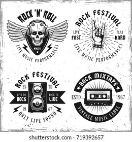 Set of four rock music vector emblems, labels, badges or logos in vintage style isolated on background with removable textures