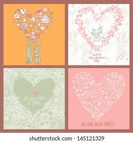 Set of four romantic cards with hearts made of flowers, leafs, branches. Wedding invitation design. Cute rabbits and birds. Save the date illustrations.