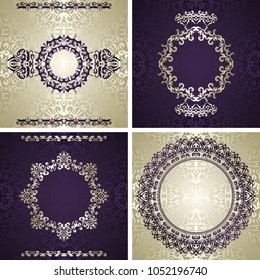 Set of four romantic cards. Vintage style. Silver and violet decoration   