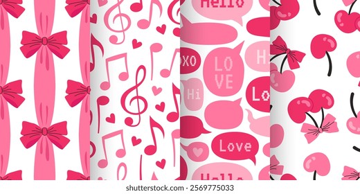 Set of four romantic Valentine’s Day patterns with pink bows, cherries, hearts, musical notes, and speech bubbles with love messages. Perfect for festive designs, wrapping paper, and holiday themes.