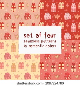 Set of four romantic seamless patterns. Vector design for scrapbooking, textile, wallpaper, other surface. 