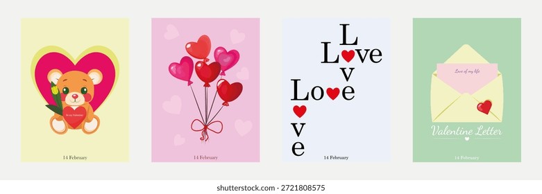 Conjunto de cuatro tarjetas de felicitación románticas del día de San Valentín con un oso de peluche adorable, globos en forma de corazón y cartas de amor. Ilustración vectorial
