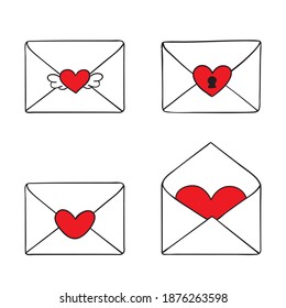 Set of four romantic vector Valentine envelopes isolated on white. Red heart