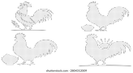 Set of four rooster and hen silhouettes crafted from halftone dot patterns. Various poses show farm animals with eggs, ideal for rustic designs.