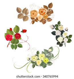 Set of four rose design elements isolated on white background. It can be used for greeting card and invitation. Red, yellow and beige roses.