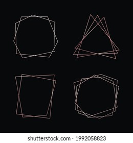 Satz von vier geometrischen, rosaroten, polygonalen Rahmen mit leuchtenden Effekten einzeln auf dunklem Hintergrund. Leere, leuchtende Art-Deco-Hintergrund. Vektorgrafik.