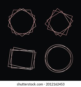 Conjunto de cuatro marcos geométricos geométricos poligonales de color rosa con efectos brillantes aislados en el fondo oscuro. Fondo de arte deco brillante vacío. Ilustración del vector