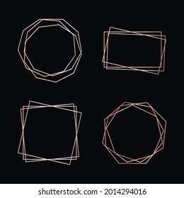 Conjunto de cuatro marcos geométricos geométricos poligonales de color rosa con efectos brillantes aislados en el fondo oscuro. Fondo de arte deco brillante vacío. Ilustración del vector