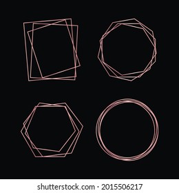Set of four rose gold geometric polygonal frames with shining effects isolated on dark background. Empty glowing art deco backdrop. Vector illustration