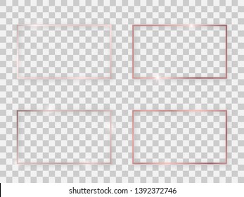 Set of four rose gold shiny 16x9 rectangular frames with glowing effects and shadows on transparent background. Vector illustration