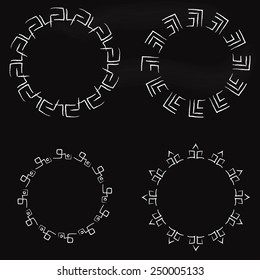 Set of four round abstract chalk frames on black background. Hand drawn design elements in geometric style