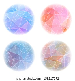 Set of four round banners with abstract polygonal geometric background.