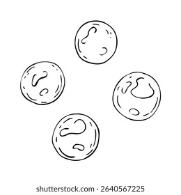 A set of four round bubbles or pearls. Black and white vector illustration in linear style. The simple, clean lines and organic shapes. Hand drawn by black ink. Sketch isolated on white. For clipart