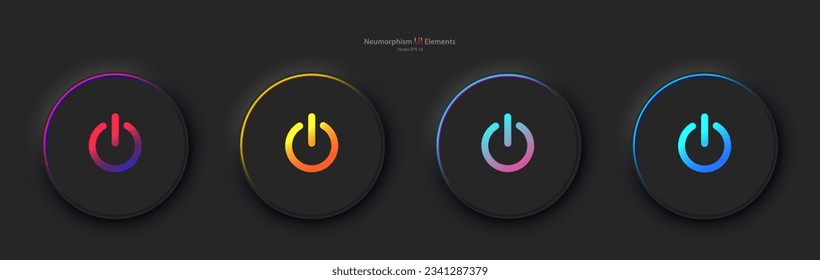 A set of four round buttons with the power symbol in black. User interface elements for mobile devices in the style of neumorphism, UI, UX. Vector EPS 10.