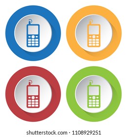 Set of four round colored buttons and icons. Old mobile phone with antenna and signal.