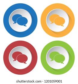 Set of four round colored buttons and icons. Two speech bubbles.