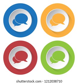 Set of four round colored buttons and icons. Two speech bubbles.