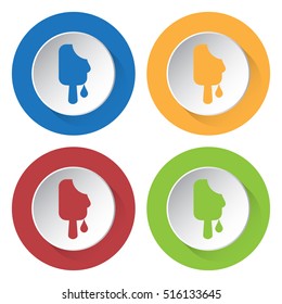 Set of four round colored buttons and icons. Melting stick ice cream.
