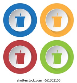 Set of four round colored buttons and icons. Cold drink with straw.
