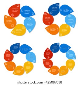 Set of four round connected infographic diagrams with 5, 6, 7, 8 options. Isolated paper sequence banners for tutorial. EPS10 progress steps templates.
