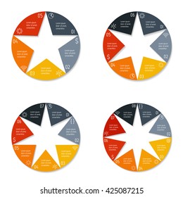 Set of four round connected infographic diagrams with 5, 6, 7, 8 options. Isolated paper sequence banners for tutorial with triangle parts. EPS10 templates.