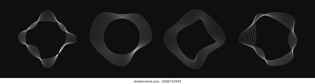 Set of four round curved frames with dynamic wavy stripes. Collection of white wavy circles on a black background. Design element. Vector illustration