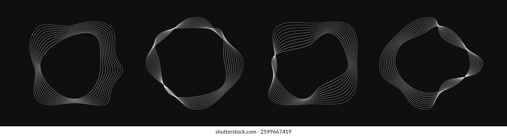 Set of four round curved frames with dynamic wavy stripes. Collection of white wavy circles on a black background. Design element. Vector illustration