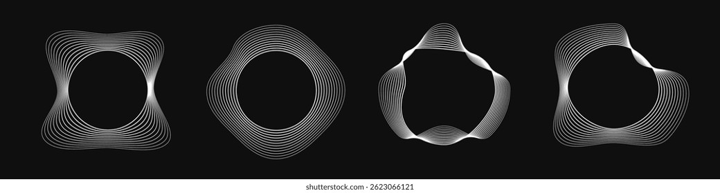Conjunto de quatro quadros curvos redondos com faixas onduladas dinâmicas. Coleção de círculos ondulados brancos em um fundo preto. Elemento de design. Ilustração vetorial