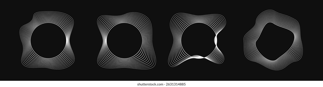 Set of four round curved frames with dynamic wavy stripes. Collection of white wavy circles on a black background. Design element. Vector illustration