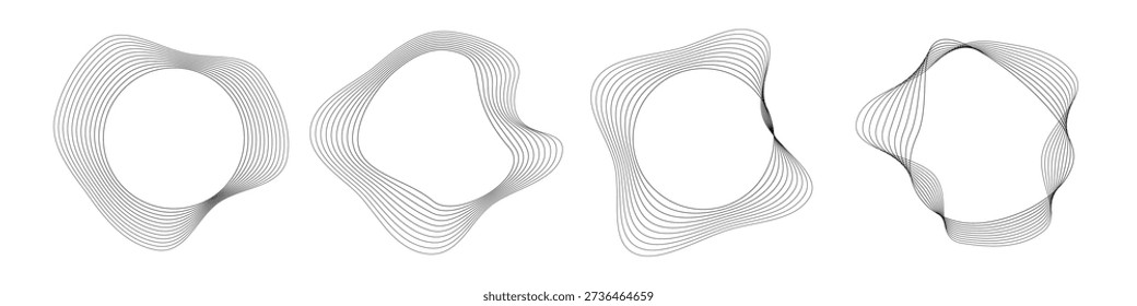 Set of four round curved sound waves with dynamic wavy stripes. Collection of black wavy circles on a white background. Design element. Vector illustration