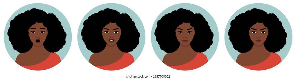 A set of four round female avatars with different emotions: joy, happiness, smile, surprise, anger. Young African girl with black curly hair, in an orange dress