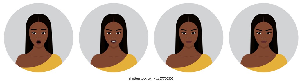 A set of four round female avatars with different emotions: joy, happiness, smile, surprise, anger. Young African girl with long black straight hair in a yellow dress - Shutterstock ID 1657700305
