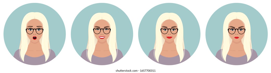 A set of four round female avatars with different emotions: joy, happiness, smile, surprise, anger. Young European blonde woman with long curly white hair in glasses and in a violet dress.