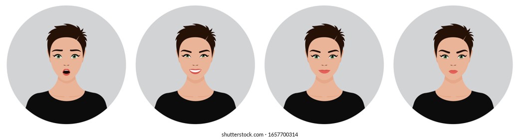 A set of four round female avatars with different emotions: joy, happiness, smile, surprise, anger. Young European girl with short brown hair in a black t-shirt