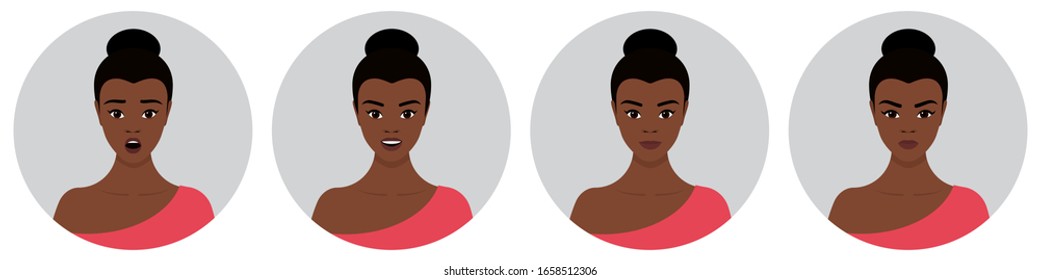 A set of four round female avatars with different emotions: joy, happiness, smile, surprise, anger. Young African girl with black hair in a bun in a pink dress