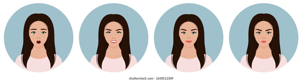 A set of four round female avatars with different emotions: joy, happiness, smile, surprise, anger. Young European girl with long curly brown hair in a pink t-shirt