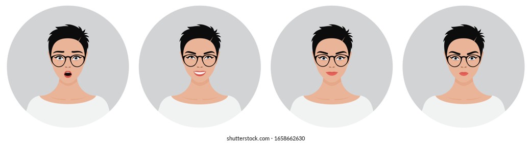 A set of four round female avatars with different emotions: joy, happiness, smile, surprise, anger. Young European woman with black short hair wearing white clothes