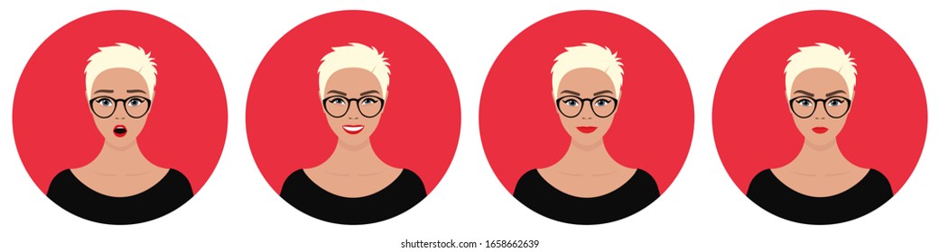 A set of four round female avatars with different emotions: joy, happiness, smile, surprise, anger. Young European blonde woman with short white hair wearing glasses and a black dress. 