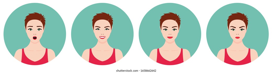 A set of four round female avatars with different emotions: joy, happiness, smile, surprise, anger. European red-haired girl with short hair with freckles in a pink t-shirt