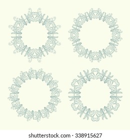 Set of four round floral ornamental frames. Vintage circular pattern. Vector illustration