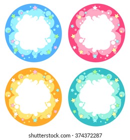 Set of four round frame different colors with fireworks stars. Vector design element in cartoon style isolated on a white background.