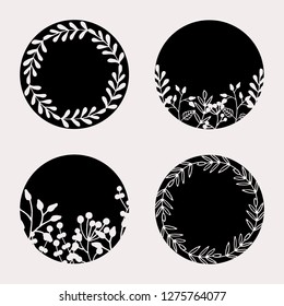 A set of four round frames with floral elements in black and pastel pink isolated on light pink background. Elegant and stylish vector design elements, stamps, stickers, labels with space for text.